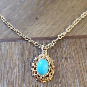 Gold-Tone Necklace with Turquoise Cabochon Pendant